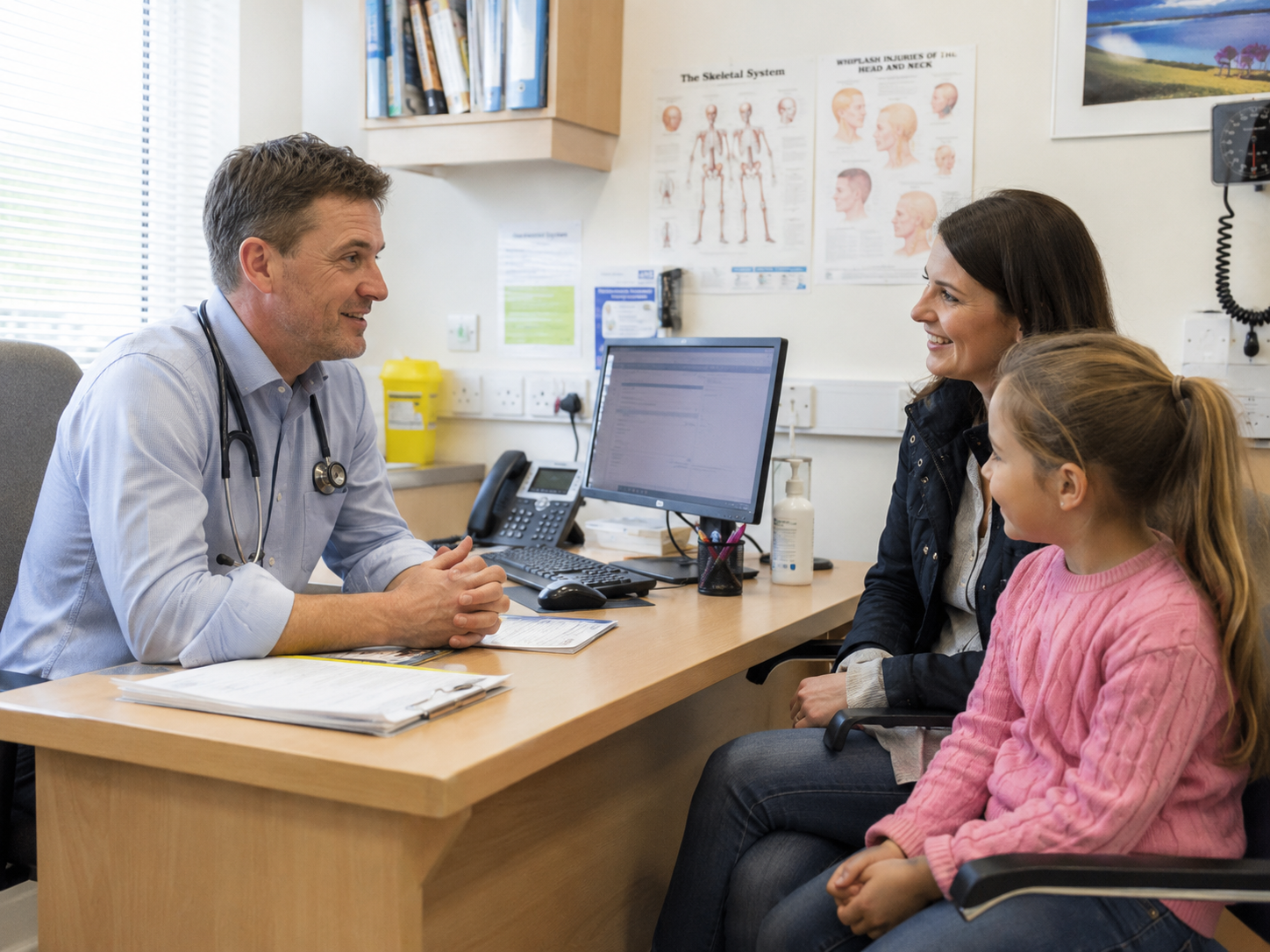 GP consulting with a mother and child at Gaoth Dobhair Medical Centre